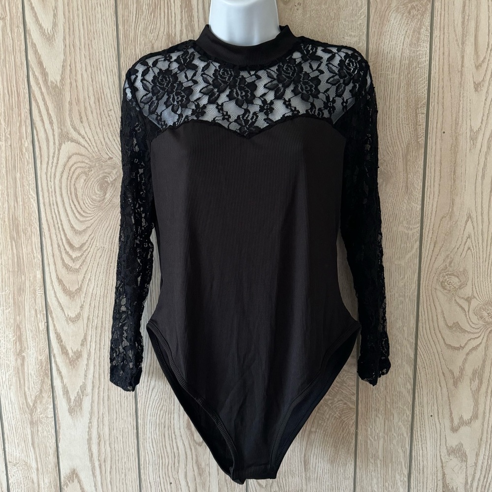 SHEIN Ribbed, Lace, Bodysuit, Black, Women’s 0XL